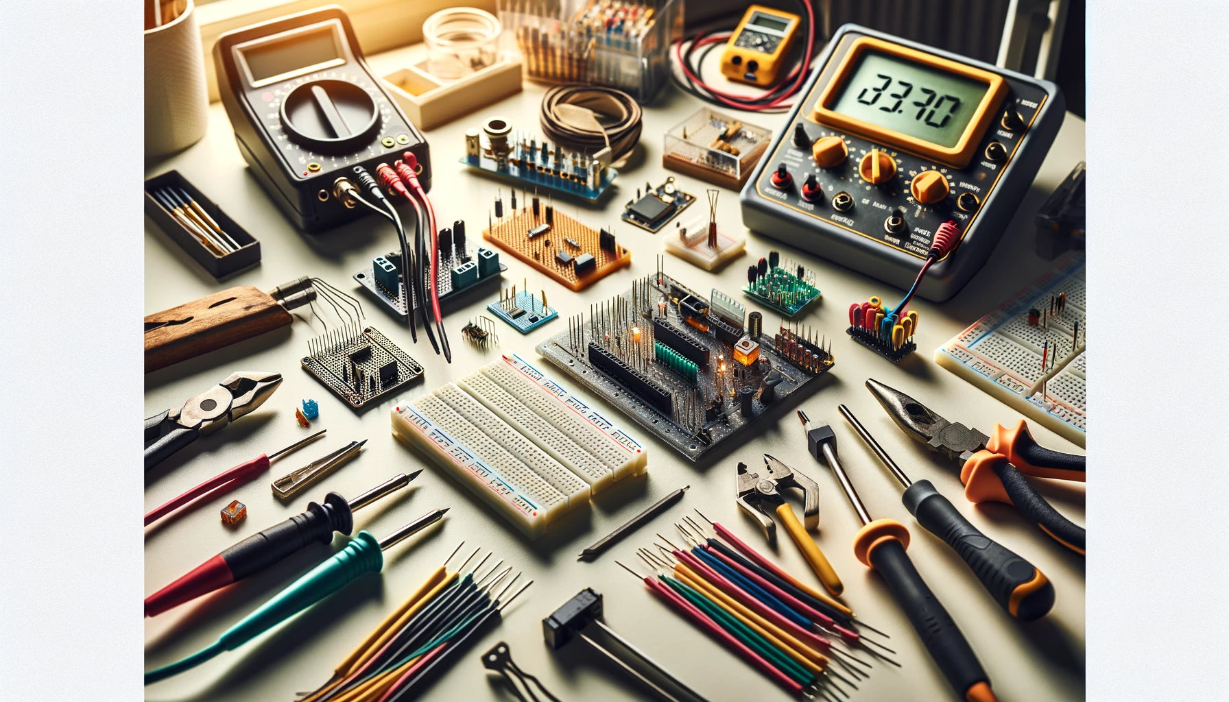 A workspace with an array of DIY electronic parts 